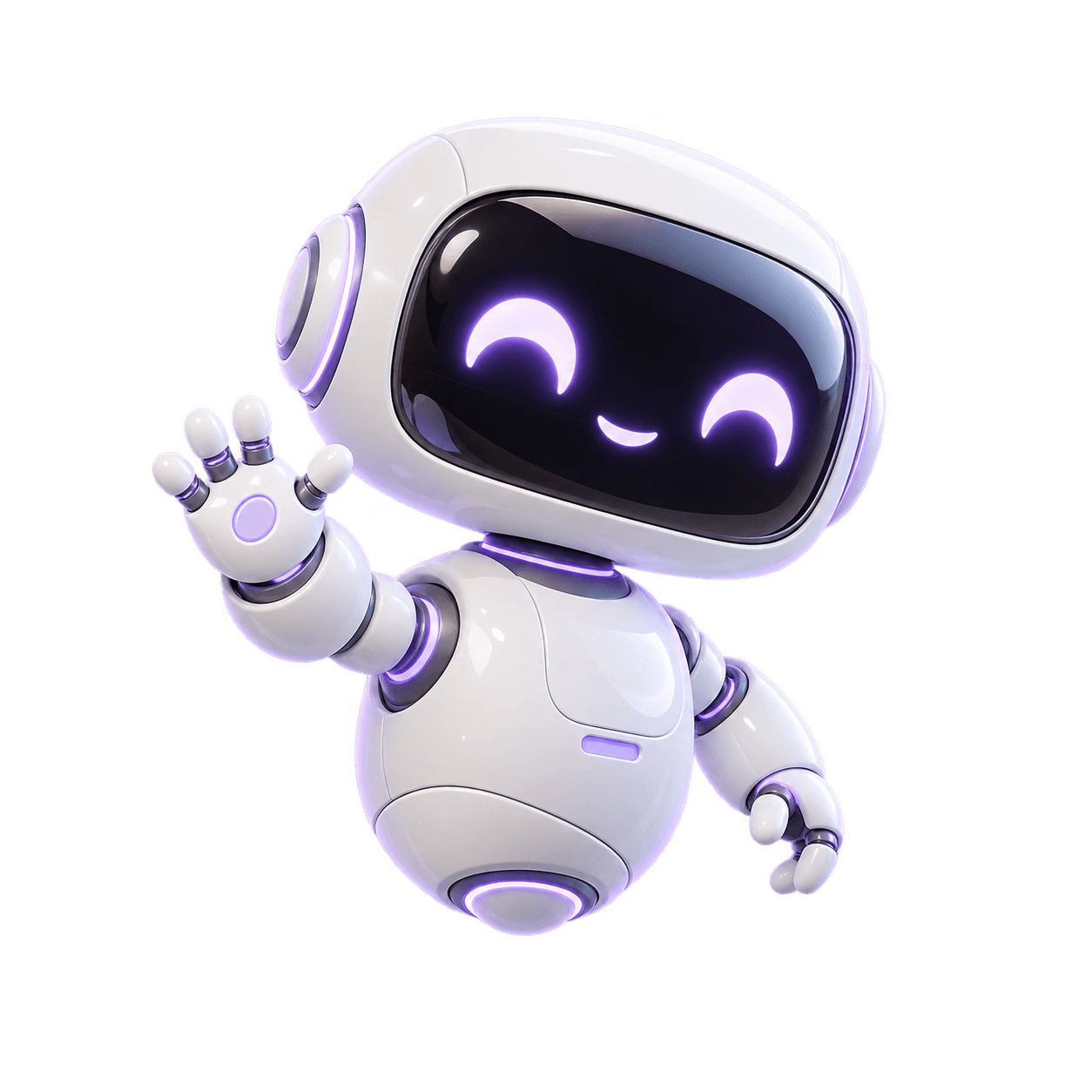 Zolta's small white robot with purple eyes, waving